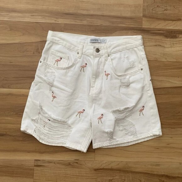 Zara Basic Z1975 Denim Shorts Size 4 White Distressed Pink Flamingoes - Picture 1 of 5